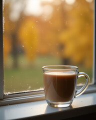 Warm hot cocoa in transparent glass mug, autumn park outside, raindrops on glass, gentle afternoon light, cozy seasonal drink