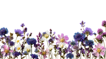 Arrangement of dried flowers including cornflowers and white blossoms on a white surface, cut out transparent