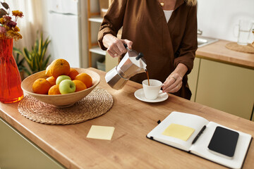 Senior woman joyfully pouring coffee in a cozy kitchen filled with fresh fruits and warmth