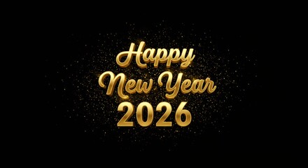 Happy New Year 2026 elegant gold 3D text with sparkling glitter particles on black background for celebration greeting card