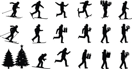 Silhouettes of winter people skiing, walking or running with gifts and flowers, plus Christmas trees – festive holiday vector set