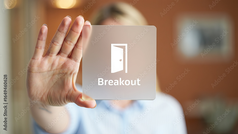 Poster navigating the digital realm a woman's touch on a breakout button with a modern interface design and