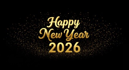 Happy New Year 2026 luxurious golden 3D lettering with bokeh lights and glitter particles for premium celebration greeting design