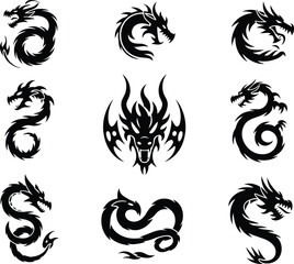 Nine black dragon designs in varied styles and poses, cad drawing flat vector illustration, mythical creature artwork set, symmetrical oriental fantasy emblem collection