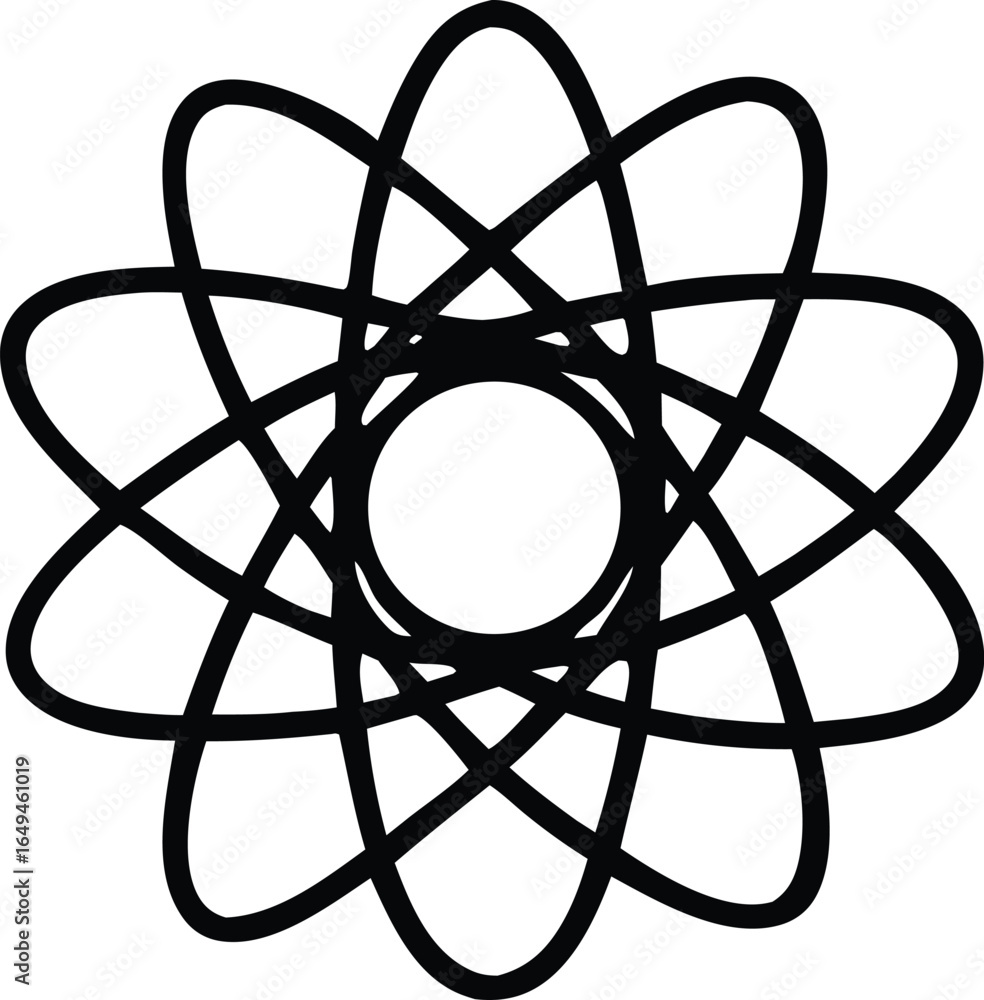 Poster stylized atomic structure symbol featuring intersecting orbits around a central nucleus