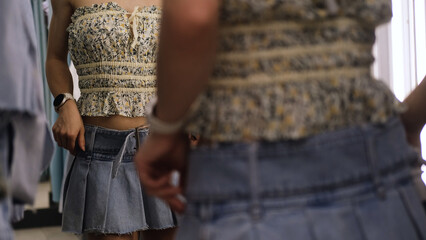 A young teenage girl tries on a new skirt in the fitting room of a clothing store.