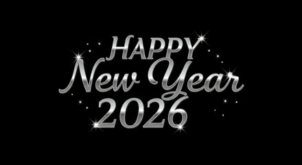 Happy New Year 2026 elegant silver metallic script typography with star sparkles on black background, sophisticated celebration greeting design