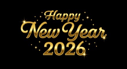 Happy New Year 2026 luxurious gold cursive lettering with bright star sparkles on black background, premium festive celebration greeting design