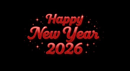 Refined red script Happy New Year 2026 typography with glowing sparkle decorations on black background for premium celebration card
