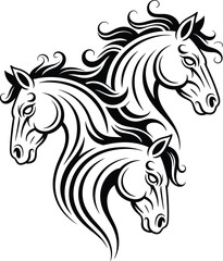 Three artistic horse heads in flowing minimalist style, bold black lines and swirling manes, cad drawing flat vector illustration, elegant design