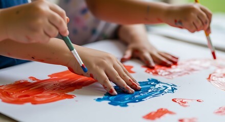 Obraz premium Two young children joyfully paint, their hands and paper vibrant with red and blue colors.