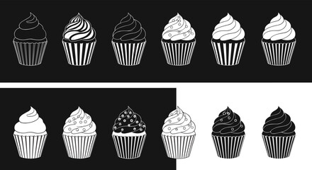 Cupcake silhouette collection, black and white cupcake vector, frosting swirl decoration, dessert icons for bakery, party design, invitation, sticker, packaging