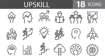 Set of upskill illustration vector — 18 icons representing learning, growth, and personal development with books, gears, arrows, and people