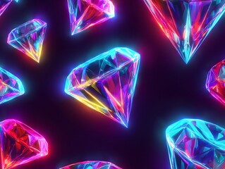 Assortment of glowing faceted diamonds in vibrant neon colors on dark background gems jewels