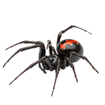 Close-up of black widow spider with red markings on transparent background