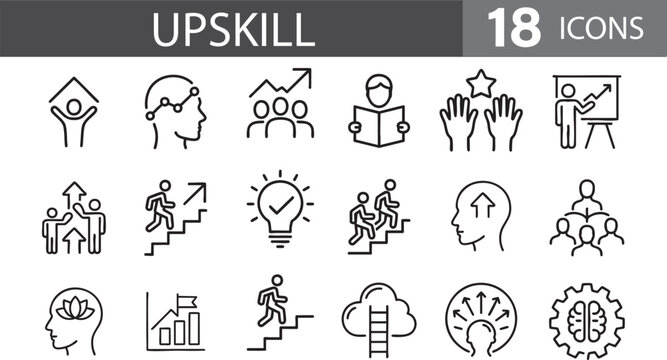 upskill icon set, personal growth, learning vector,  productivity and progress icons,  reading and idea icons, brain and gear, professional learning, development icons, minimal upskill graphics icons 