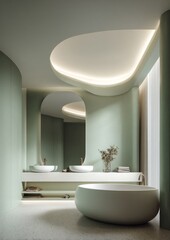Fototapeta premium Modern bathroom with soft sage green walls and a minimalist design.