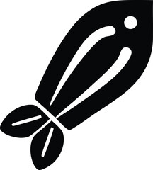 Simple black silhouette of a stylized fish with a two lobed tail and a single dot eye