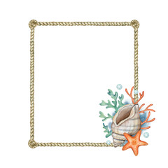 A rectangular marine frame made of sea rope with shells and corals . Watercolor illustration for postcards, posters, children's rooms.