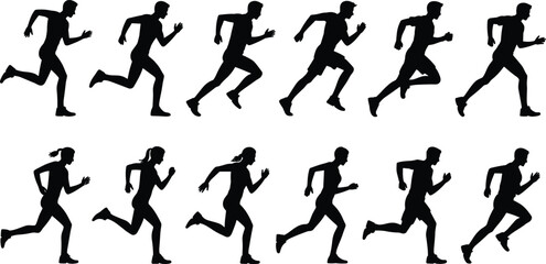 Male and female running cycle silhouettes showing stride stages, sports illustration for biomechanics, fitness training, track and field, and marathon design