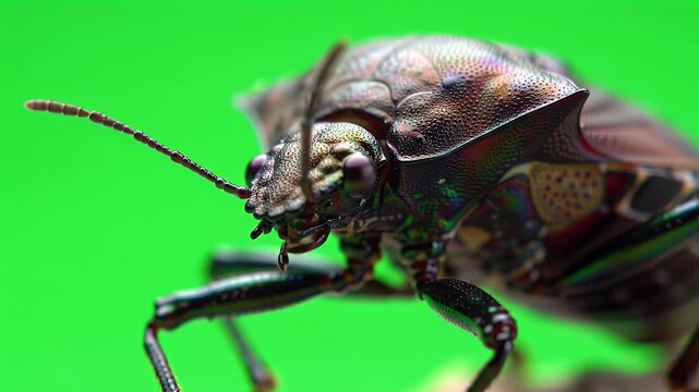 Macro Close-up of a Shield Bug with Iridescent Shell on a Vibrant Green Background