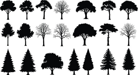 Tree silhouette vector set, forest tree clipart, pine and deciduous trees, black nature shapes, bare and leafy trees, botanical illustration bundle