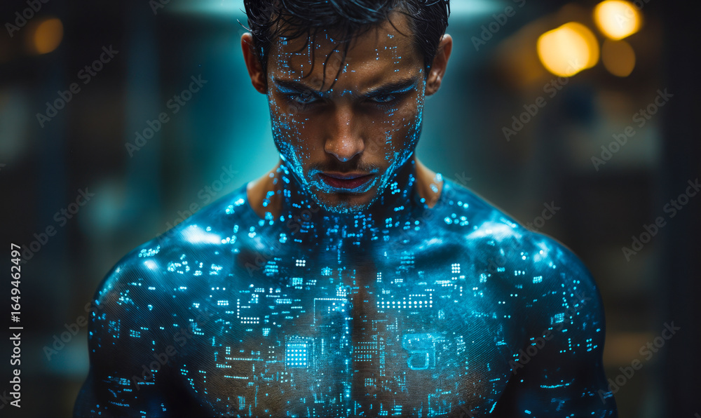 Poster futuristic athlete with digital projection displaying data and technology in sports performance enha