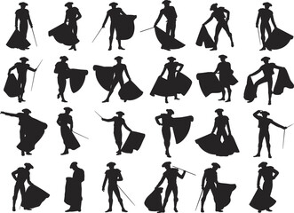 Obraz premium Matador silhouettes in traditional bullfighting poses, dynamic cape movements and sword stances, cultural Spanish performance illustration for artistic and historical themes