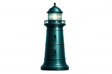 Green metallic lighthouse beaming powerfully, casting bright light through darkness, representing navigational safety on transparent backdrop