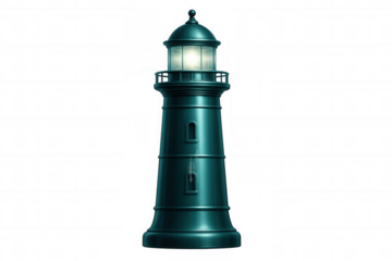 Green metallic lighthouse beaming powerfully, casting bright light through darkness, representing navigational safety on transparent backdrop