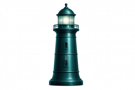 Green metallic lighthouse beaming powerfully, casting bright light through darkness, representing navigational safety on transparent backdrop