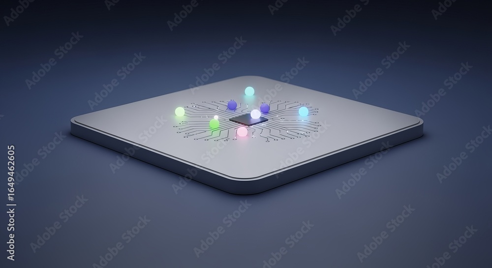 Poster a square platform with a central chip surrounded by glowing orbs and circuit board patterns on a blu