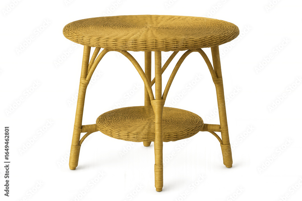 Poster yellow round wicker table with a shelf isolated on a transparent background, perfect for interior de