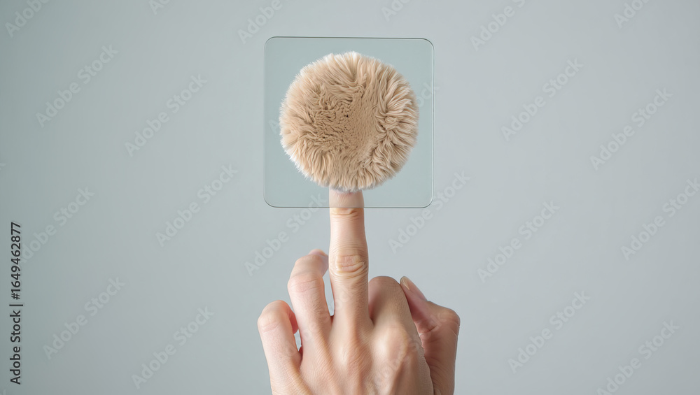 Poster tactile interaction: a person's finger touching a transparent square displaying a fluffy ball, evoki