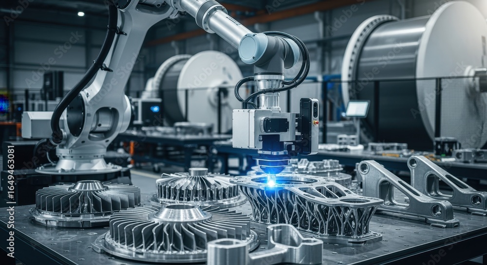 Poster large robotic inspection arm scanning newly printed metallic aerospace parts ensuring quality contro