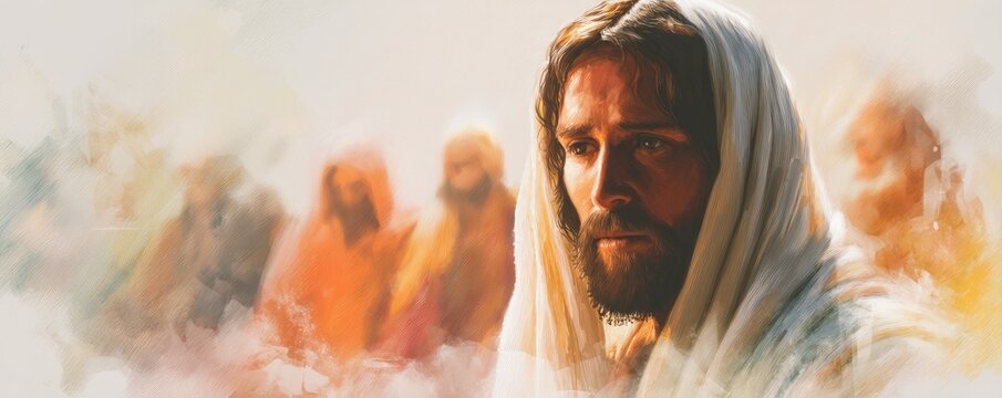 Artistic depiction of a robed man with thoughtful expression, surrounded by followers in warm soft light, ideal for religious publications, inspirational art, and spiritual design