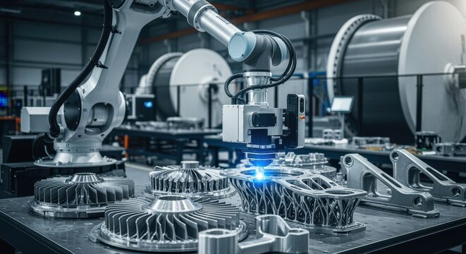 Large robotic inspection arm scanning newly printed metallic aerospace parts ensuring quality control in a largeformat 3D printing operation.