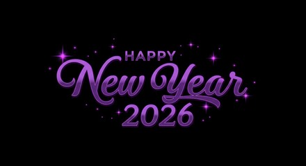 Happy New Year 2026 elegant purple script typography with starburst effects on black background, premium celebration greeting design