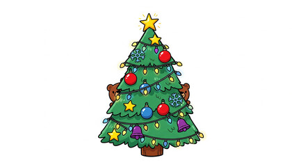 A festive and cute cartoon Christmas tree with decorations and two little teddy bears hiding behind it.

