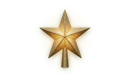 Obraz premium A shimmering golden Christmas tree topper in the shape of a star is shown against a white background.
