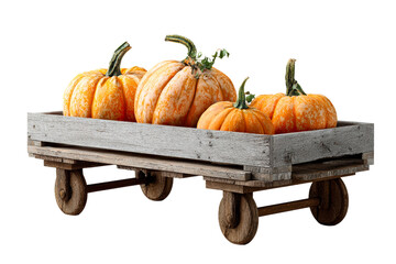Old wooden cart filled with ripe pumpkins