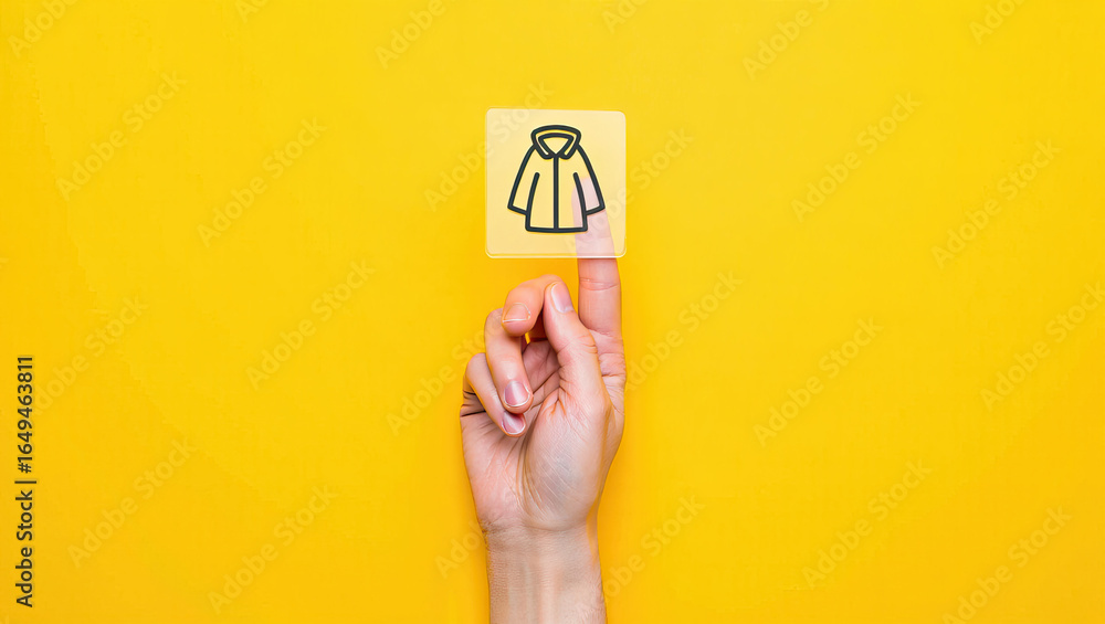 Poster selecting apparel a hand interacting with a coat icon on a vibrant yellow background representing ch
