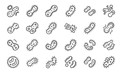 Fototapeta premium Set of 24 Science and Laboratory Line Icons Chemistry, Biology, Physics, Research, Safety, and Technology Symbols in Minimal Outline Style