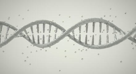 Transparent DNA double helix structure with floating bubbles on neutral gray background, genetic research and biotechnology concept illustration