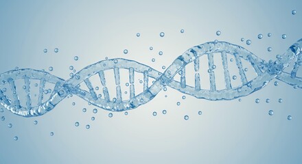 Blue water DNA double helix molecular structure with bubbles floating in liquid background, genetic engineering and biotechnology science concept