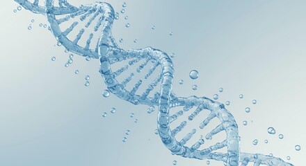 Close-up transparent blue DNA double helix structure with water bubbles in aquatic environment, molecular biology and genetic research illustration