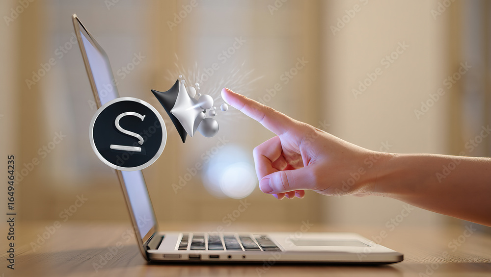 Poster launching applications a hand gesturing towards a laptop screen with a symbolic icon and visual effe