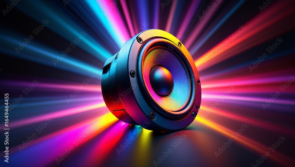 Poster speaker sound system audio equipment with colorful light rays background design