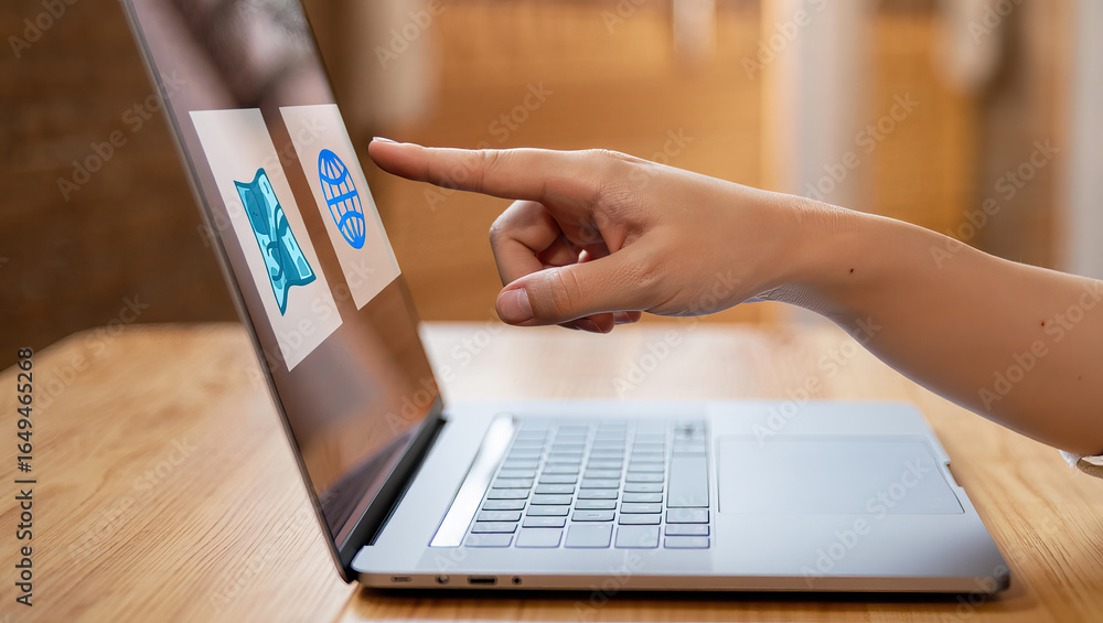 Poster interactive technology a hand touching icons on a laptop screen for seamless navigation and user exp
