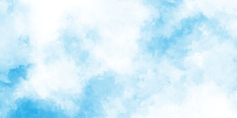 Grunge smooth light sky blue and white shades aquarelle background, blue sky with clouds watercolor background, clear and panorama view of clouds in the blue sky.